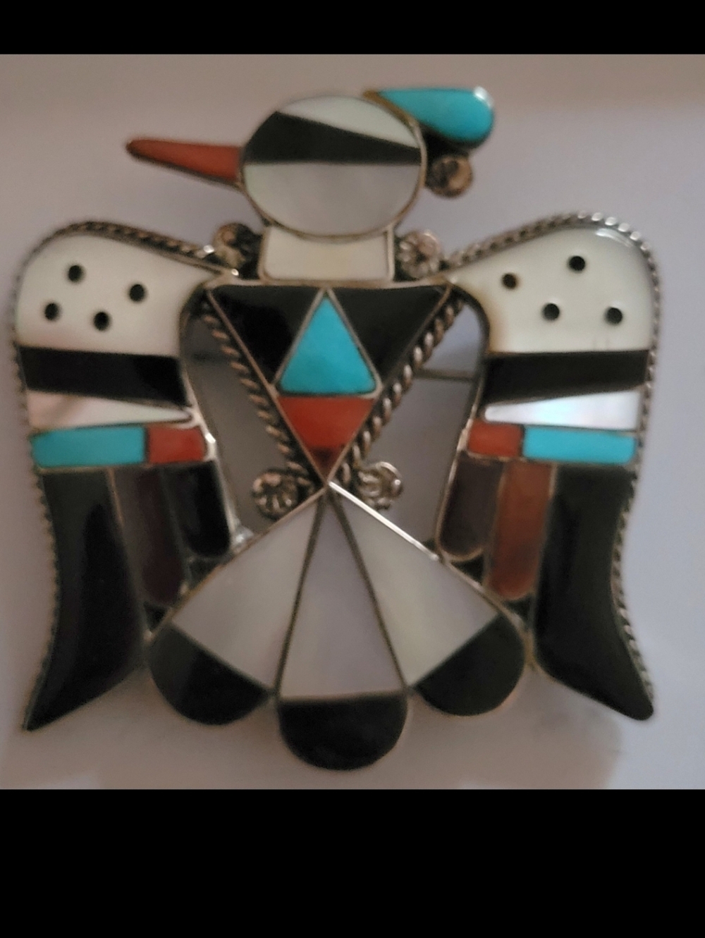 Handcrafted Turquoise, Coral & Black Inlay Thunderbird Brooch - Women Jewelry